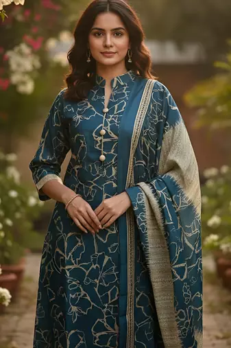 Teal printed cotton blend stitched ethnic motif print salwar kurta dupatta for women