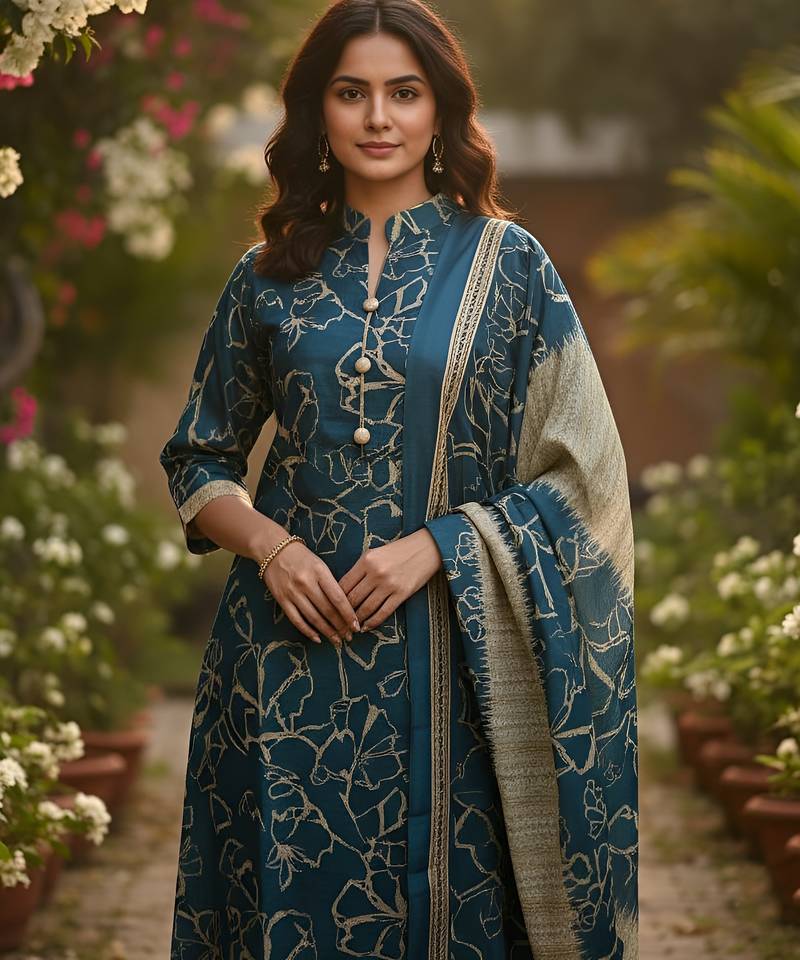 Teal printed cotton blend stitched ethnic motif print salwar kurta dupatta for women