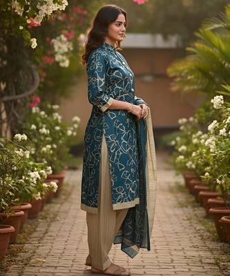 Teal printed cotton blend stitched ethnic motif print salwar kurta dupatta for women 3