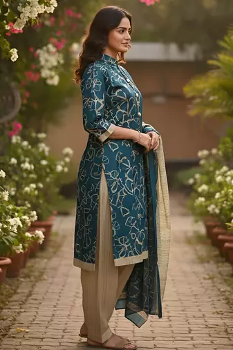 Teal printed cotton blend stitched ethnic motif print salwar kurta dupatta for women