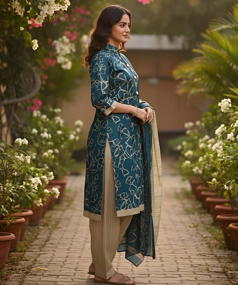 Teal printed cotton blend stitched ethnic motif print salwar kurta dupatta for women