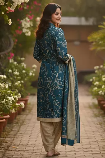 Teal printed cotton blend stitched ethnic motif print salwar kurta dupatta for women