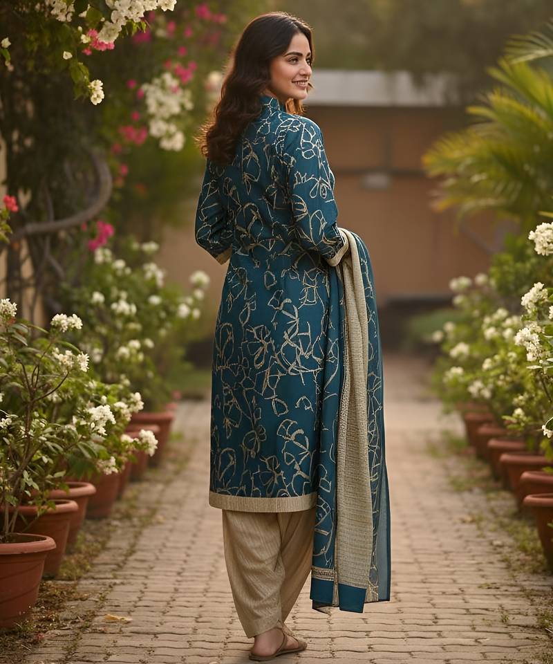 Teal printed cotton blend stitched ethnic motif print salwar kurta dupatta for women