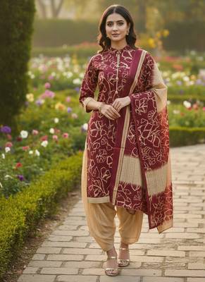 Red printed cotton blend stitched ethnic motif print salwar kurta dupatta for women 1