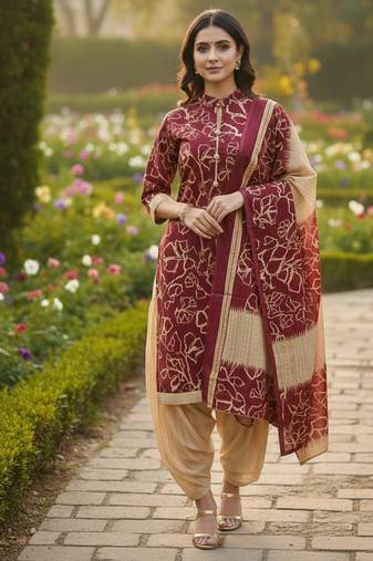 Red printed cotton blend stitched ethnic motif print salwar kurta dupatta for women