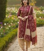 Red printed cotton blend stitched ethnic motif print salwar kurta dupatta for women