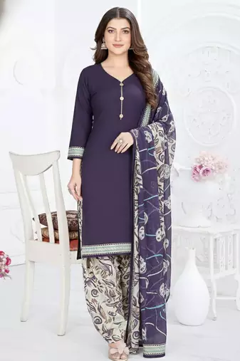 Dark blue printed cotton blend stitched ethnic motif print salwar kurta dupatta for women