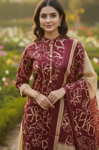 Red printed cotton blend stitched ethnic motif print salwar kurta dupatta for women