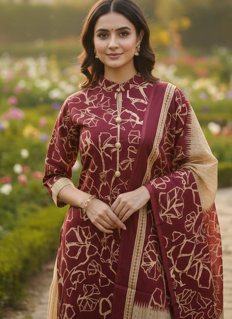 Red printed cotton blend stitched ethnic motif print salwar kurta dupatta for women