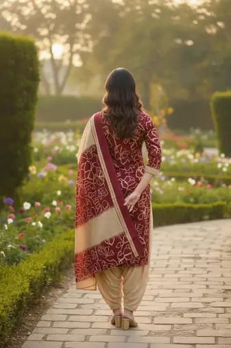 Red printed cotton blend stitched ethnic motif print salwar kurta dupatta for women
