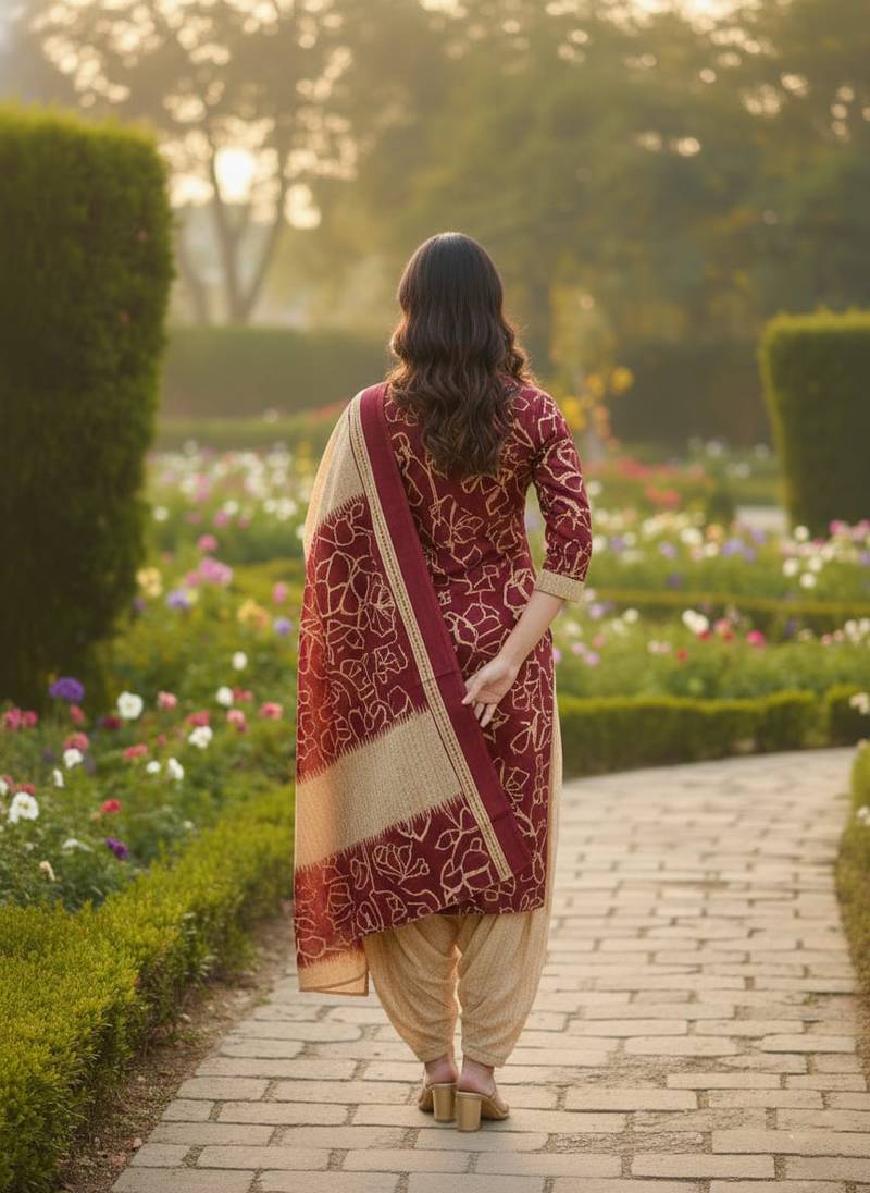 Red printed cotton blend stitched ethnic motif print salwar kurta dupatta for women