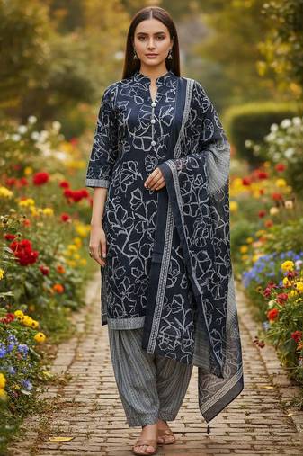 Blue printed cotton blend stitched ethnic motif print salwar kurta dupatta for women