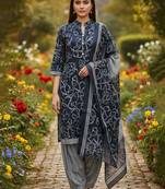 Blue printed cotton blend stitched ethnic motif print salwar kurta dupatta for women