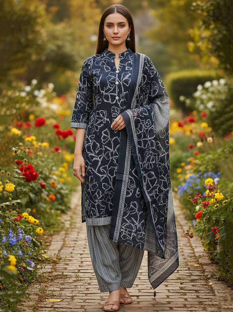 Blue printed cotton blend stitched ethnic motif print salwar kurta dupatta for women