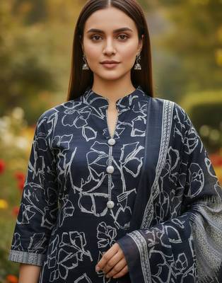 Blue printed cotton blend stitched ethnic motif print salwar kurta dupatta for women 2