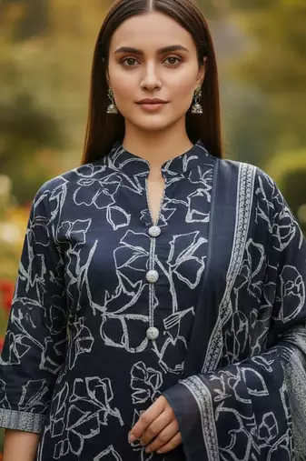Blue printed cotton blend stitched ethnic motif print salwar kurta dupatta for women