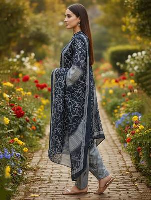 Blue printed cotton blend stitched ethnic motif print salwar kurta dupatta for women 3