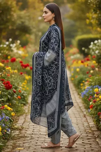 Blue printed cotton blend stitched ethnic motif print salwar kurta dupatta for women