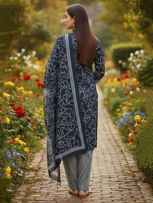 Blue printed cotton blend stitched ethnic motif print salwar kurta dupatta for women 4