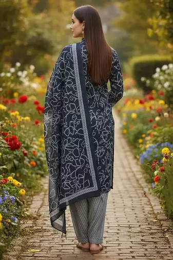 Blue printed cotton blend stitched ethnic motif print salwar kurta dupatta for women