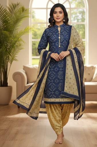 Blue printed cotton blend stitched ethnic motif print salwar kurta dupatta for women