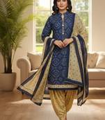 Blue printed cotton blend stitched ethnic motif print salwar kurta dupatta for women