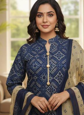 Blue printed cotton blend stitched ethnic motif print salwar kurta dupatta for women 2