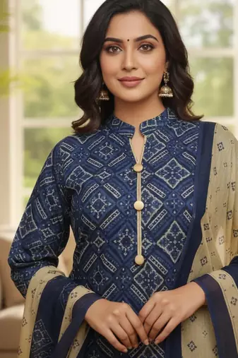 Blue printed cotton blend stitched ethnic motif print salwar kurta dupatta for women