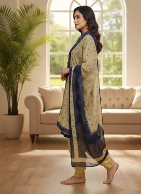 Blue printed cotton blend stitched ethnic motif print salwar kurta dupatta for women 3