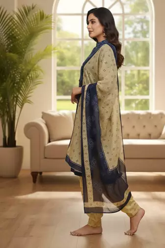 Blue printed cotton blend stitched ethnic motif print salwar kurta dupatta for women