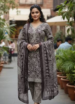 Wine printed cotton blend stitched ethnic motif print salwar kurta dupatta for women 5