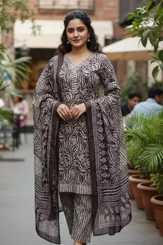 Wine printed cotton blend stitched ethnic motif print salwar kurta dupatta for women