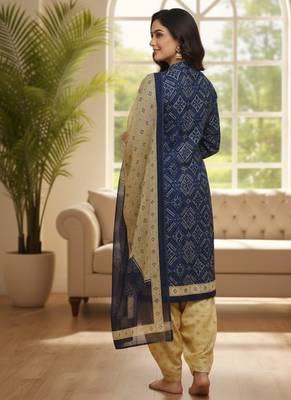 Blue printed cotton blend stitched ethnic motif print salwar kurta dupatta for women 4
