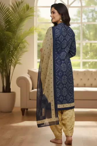 Blue printed cotton blend stitched ethnic motif print salwar kurta dupatta for women