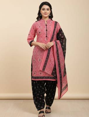 Pink printed cotton blend stitched ethnic motif print salwar kurta dupatta for women 1