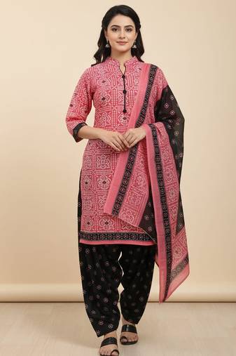Pink printed cotton blend stitched ethnic motif print salwar kurta dupatta for women