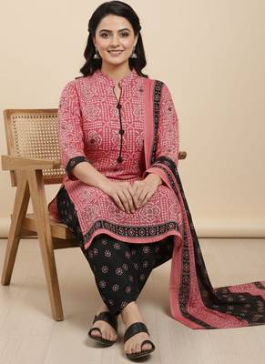 Pink printed cotton blend stitched ethnic motif print salwar kurta dupatta for women 2