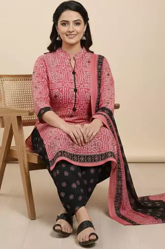 Pink printed cotton blend stitched ethnic motif print salwar kurta dupatta for women