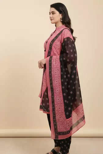 Pink printed cotton blend stitched ethnic motif print salwar kurta dupatta for women