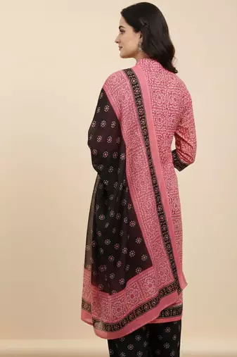 Pink printed cotton blend stitched ethnic motif print salwar kurta dupatta for women
