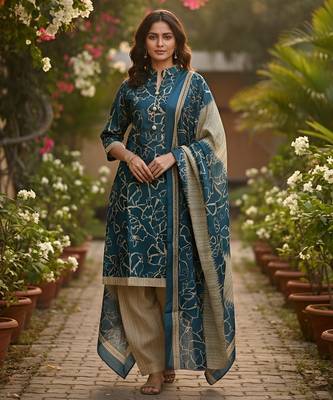 Teal printed cotton blend stitched ethnic motif print salwar kurta dupatta for women 5