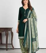 Green printed cotton blend stitched ethnic motif print salwar kurta dupatta for women