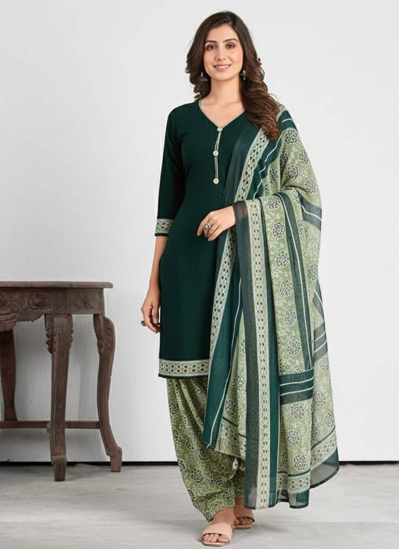 Green printed cotton blend stitched ethnic motif print salwar kurta dupatta for women