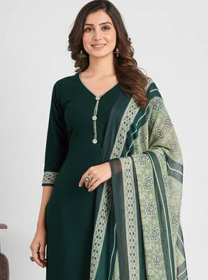 Green printed cotton blend stitched ethnic motif print salwar kurta dupatta for women 2