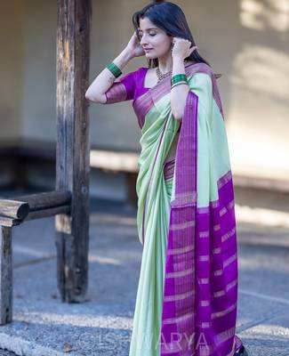 pista green woven banarasi silk blend saree with blouse for women's 2