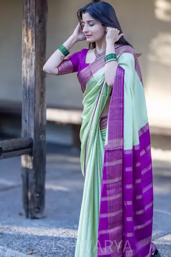 pista green woven banarasi silk blend saree with blouse for women's