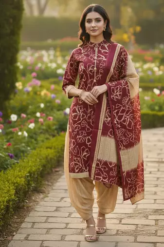 Red printed cotton blend stitched ethnic motif print salwar kurta dupatta for women