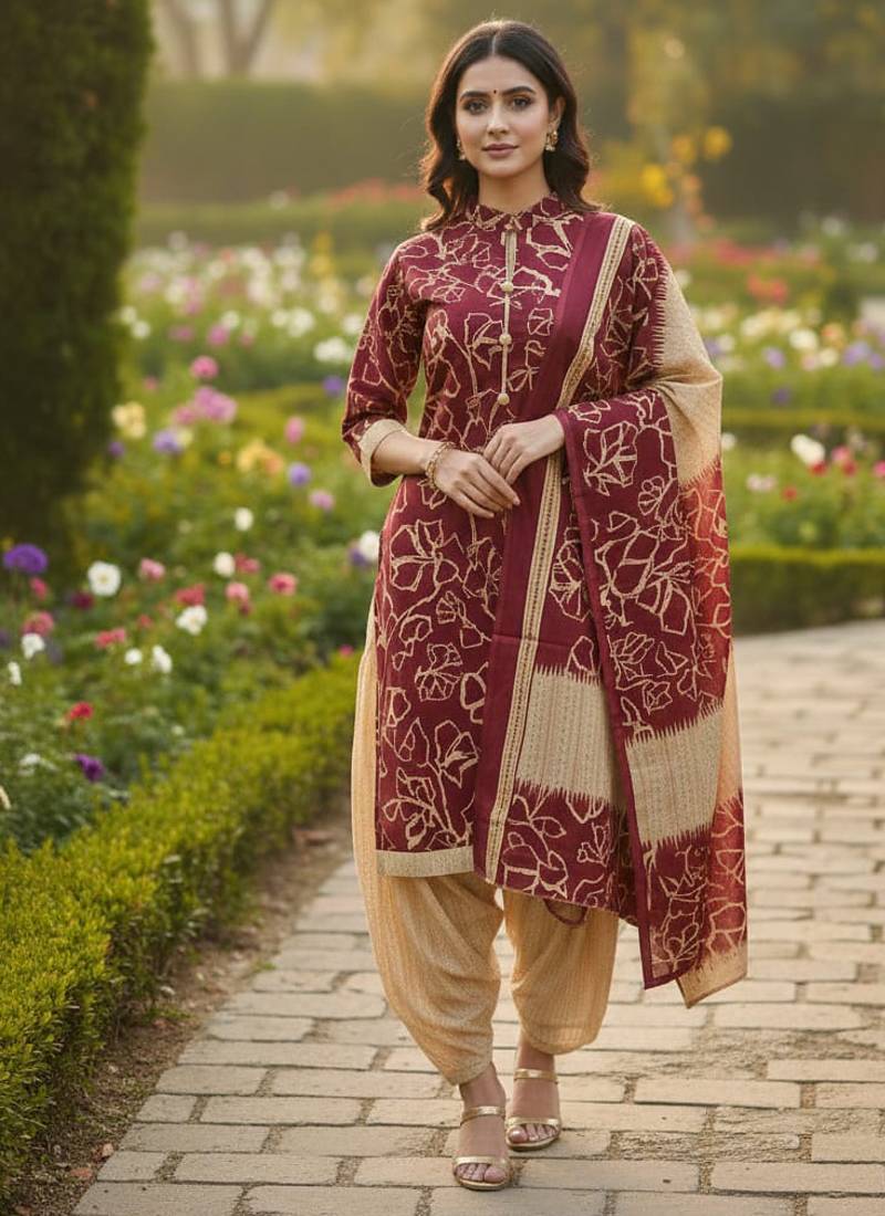Red printed cotton blend stitched ethnic motif print salwar kurta dupatta for women