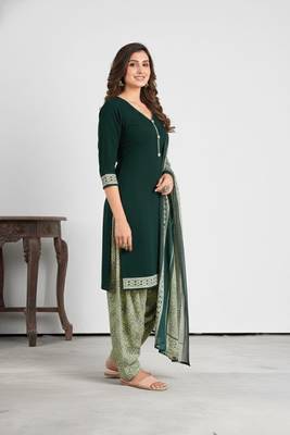 Green printed cotton blend stitched ethnic motif print salwar kurta dupatta for women 3