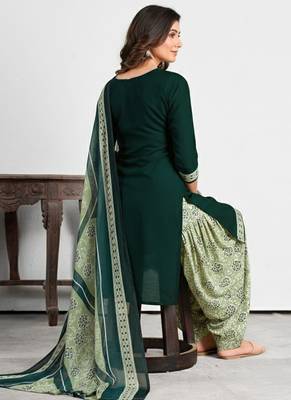 Green printed cotton blend stitched ethnic motif print salwar kurta dupatta for women 4